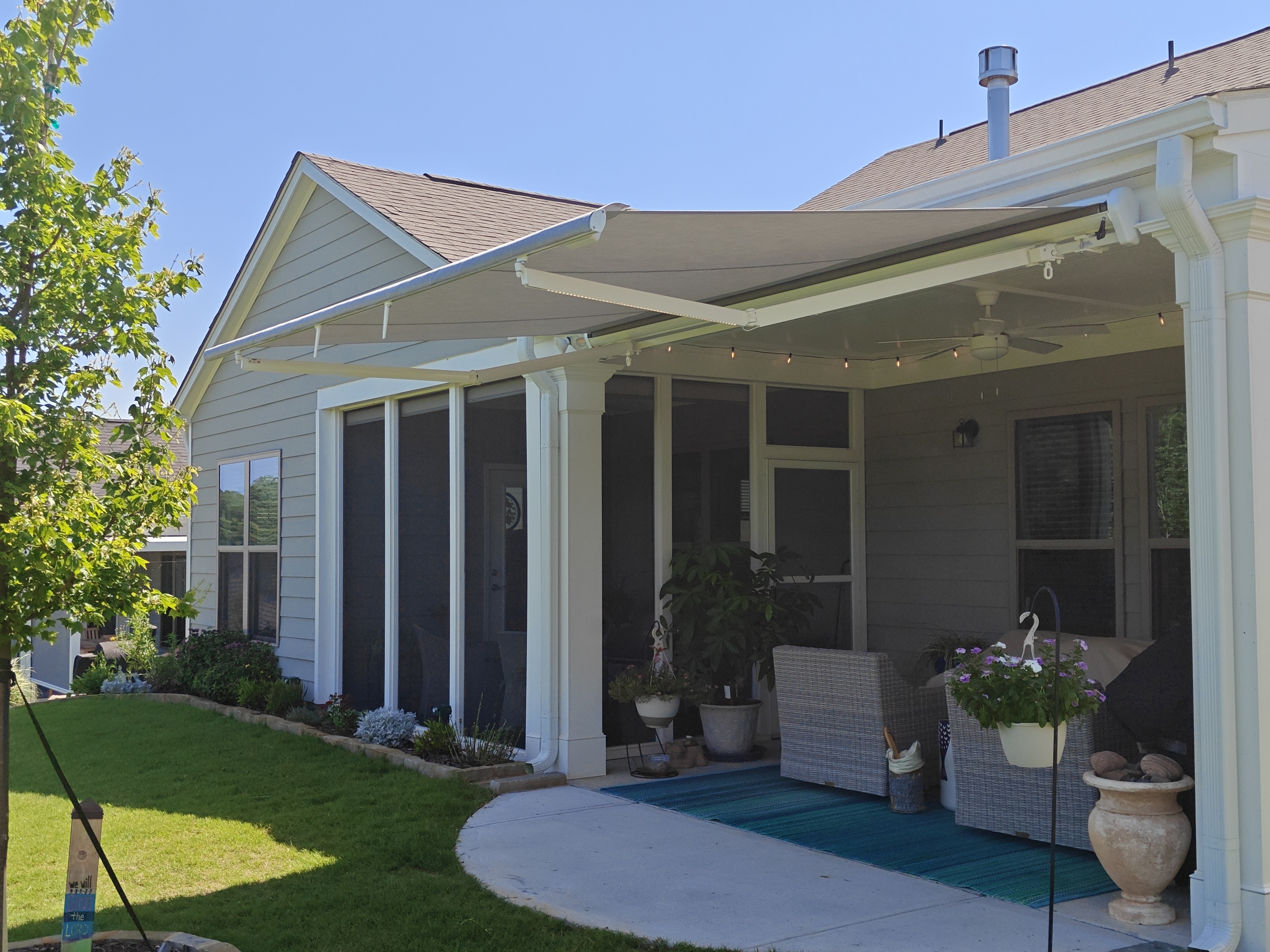 Retractable Awning Hoschton GA Silica Gravel Sunbrella White Frame